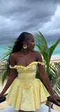 Off The Shoulder A Line Yellow Satin Hollow Short Homecoming Dress 18th Birthday Outfits HZ1024