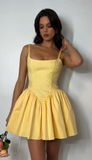 Embroidered A Line Spaghetti Straps Yellow Satin Short Homecoming Dress 19th Birthday Outfits HZ1024