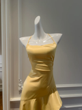 Pretty A Line Halter Yellow Satin High-Low Ruffle Hem Prom Dresses Formal Dress HZ1024