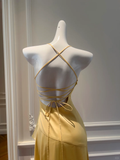Pretty A Line Halter Yellow Satin High-Low Ruffle Hem Prom Dresses Formal Dress HZ1024