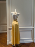 Pretty A Line Halter Yellow Satin High-Low Ruffle Hem Prom Dresses Formal Dress HZ1024
