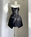 Cute A Line Spaghetti Straps Black Satin Beads Short Homecoming Dress 18th Birthday Outfits HZ1024