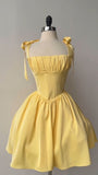 Pretty Yellow A Line Bow Straps Square Satin Short Homecoming Dress 18th Birthday Outfits HZ1024