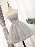 Elegant Ball Gown Strapless Gray Birthday Outfits Tulle Homecoming Dresses HZ1024