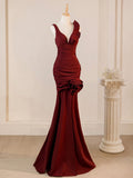 Sexy Mermaid V Neck Burgundy Satin Flower Long Prom Dresses Formal Dress HZ1024