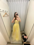 Chic Pastel Yellow A Line Strapless Tulle Lace Long Prom Dresses Formal Dress HZ1024