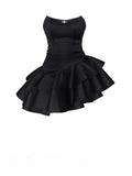 Chic Strapless Black Satin Short Prom Dresses Layered Black Homecoming Dresses HZ1024