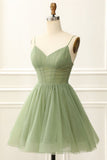 Chic Straps Pleated A-line Sage Green Homecoming Dress HZ1024