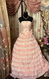 Chic Vintage Ball Gown Strapless Printed Layer Satin Long Prom Dresses Formal Dress HZ1024