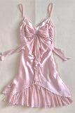 Cute A line Spaghetti Straps Pink Satin Chiffon Bow Ruffle Short Homecoming Dress 17th Birthday Outfits HZ1024