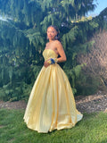 Pretty A Line Strapless Pastel Yellow Satin Long Prom Dresses Formal Dress HZ1024