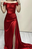 Elegant Burgundy Mermaid Off The Shoulder Satin Slit Long Prom Dresses Formal Dress HZ1024