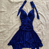 Unique A Line Royal Blue Halter Satin Short Homecoming Dress 20th Birthday Outfits HZ1024