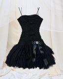 Cute Black A Line Spaghetti Straps Satin Tulle Short Homecoming Dress 16th Birthday Outfits HZ1024