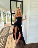 Chic Black A Line Strapless Satin Hem Layer Ruffle Slit Long Prom Dress,Formal Dress HZ1024