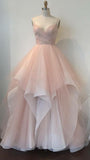 Sexy Ball Gown Straps Pink Tulle Long Prom Dresses HZ1024
