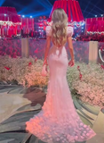 Pink Mermaid Sweetheart Tulle Sequin Flower With Short Bubble Sleeves Long Prom Dress, Evening Dress HZ1024