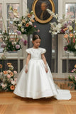 Princess A Line Satin Applique With Short Sleeves Flower Girl Dress HZ1024