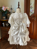 Vintage Princess A Line Tiered Satin Lace With Short Sleeves Flower Girl Dress HZ1024