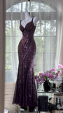 Grape Mermaid Spaghetti Straps Chiffon Sequin Long Prom Dress, Evening Dress HZ1024