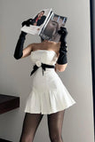 Strapless Sleeveless Floral Pleated Satin A-Line Mini Homecoming Dress HZ1024