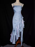 Vintage High Low Straps Ruffles Long Blue Prom Dresses HZ1024