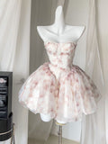 Vintage Pink Rose Print Strapless Homecoming Dress 19th Birthday Outfits HZ1024