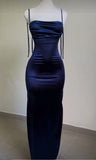 Vintage Mermaid Spaghetti Straps Custom Silk Satin Blue Long Prom Dresses HZ1024