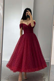 Ball Gown Off Shoulder Burgundy Tulle Tea Length Prom Dresses Homecoming Dress HZ1024