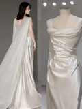 Fairytale White Satin Wedding Dress Simple Two Wear Slim Travel Photography Satin Outgoing Dresses HZ1024
