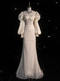 Fairytale White Satin Wedding Dress Ivory Satin Sequins Puff Sleeve Wedding Dress HZ1024