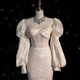 Fairytale White Satin Wedding Dress Ivory Satin Sequins Puff Sleeve Wedding Dress HZ1024