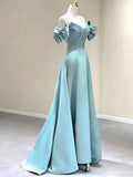 Vintage A line Straps Blue Satin Long Prom Dress HZ1024