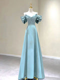 Blue A-Line Satin Long Prom DressesBlue Satin Long Formal Dresses HZ1024