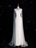 Fairytale Mermaid High Neckline White Long Satin Wedding Dresses With Cape HZ1024