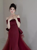 Sexy Mermaid Off The Shoulder Burgundy Satin Long Prom Dress HZ1024