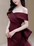 Sexy Mermaid Off The Shoulder Burgundy Satin Long Prom Dress HZ1024