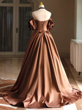 Sexy A line Off The Shoulder Brown Satin Long Prom Dress HZ1024