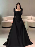 Sexy A line Long Sleeves Black Satin Long Prom Dress HZ1024