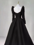 Sexy A line Long Sleeves Black Satin Long Prom Dress HZ1024