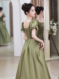 Sexy A line Short Sleeves Sage Green Satin Long Prom Dress HZ1024