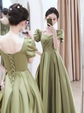 Sexy A line Short Sleeves Sage Green Satin Long Prom Dress HZ1024