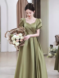 Sexy A line Short Sleeves Sage Green Satin Long Prom Dress HZ1024