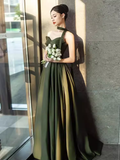 Sexy A line Sweetheart Satin Green Long Prom Dress HZ1024