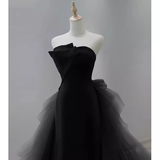 Sexy Mermaid Strapless Sleeveless Black Satin Long Prom Dress HZ1024