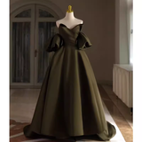 Sexy A line Off The Shoulder Short Sleeves Green Satin Long Prom Dress HZ1024