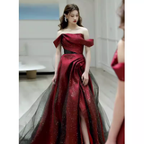 Sexy A line Off The Shoulder Short Sleeves Burgundy Tulle Long Prom Dress HZ1024