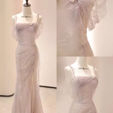 Vintage Mermaid Straps Pink Tulle Long Prom Dress HZ1024