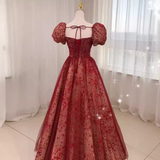Sexy Princess Straps Short Sleeves Red Tulle Long Prom Dress HZ1024