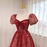 Sexy Princess Straps Short Sleeves Red Tulle Long Prom Dress HZ1024